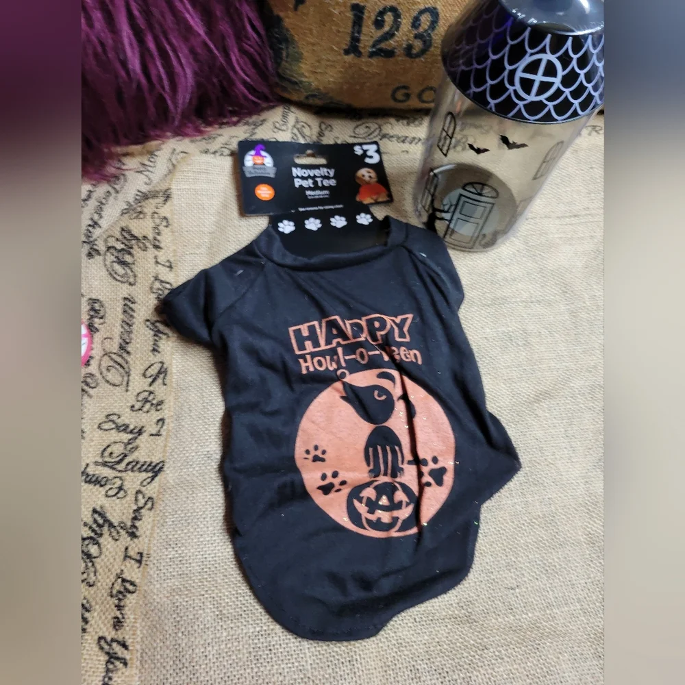 Halloween lot of 2 pet shirt and glass haunted house treat jar